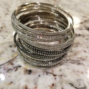 AMRITA SINGH stack bangle set of 19. Silver, Gun Metal & Austrian Crystals.